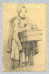 39596 Afbeelding van een vrouw met een dier (poes?) op een kist voor haar buik tijdens een kermis te Utrecht.